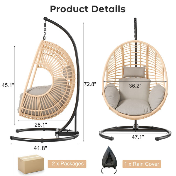 English Elm 42 Inch Hanging Egg Chair Woven Pe Rattan Patio Swing with Thick Cushion 400lb Natural W3979S00006