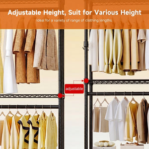English Elm Heavy Duty Carbon Steel Rolling Garment Rack with Wire Shelving Dual Rods and Side Hooks Black W5386P480840