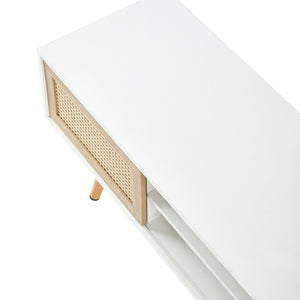 English Elm 55.12" Rattan TV Cabinet with Double Sliding Doors, Adjustable Shelf, Solid Wood Legs, White/Natural Finish W2181P293620