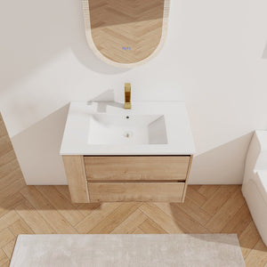 English Elm 30" Wall-Mount Bathroom Vanity With Ceramic Sink, Soft-Close Drawers & Configurable Side Shelf W999S00206