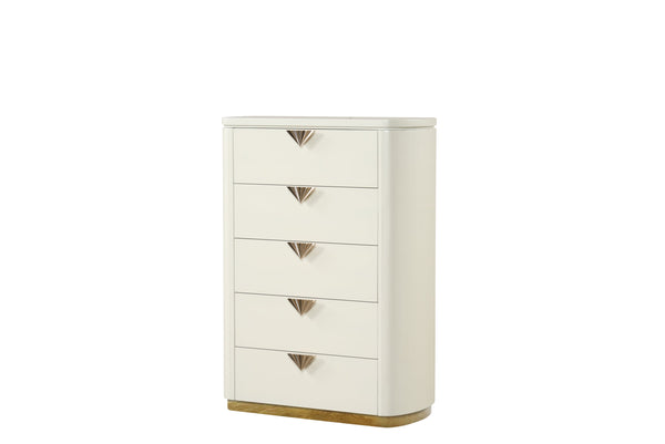 English Elm La Pierre Modern 5-Drawer Chest With Open Mirror, Gold Accents & Elegant Beige Finish For Stylish Storage B009P270816