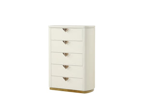 English Elm La Pierre Modern 5-Drawer Chest With Open Top Mirror & Gold Accents - Elegant Beige Storage Solution G150108843