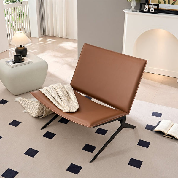 English Elm Modern Saddle Leather Accent Chair Curved Back Matte Iron Legs Compact Seating Brown W2085P399093