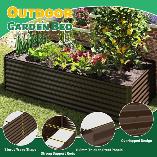 English Elm 6x3x1.5ft Galvanized Steel Raised Garden Bed Deep Root Planter for Yard Vegetables Brown W1859P430203