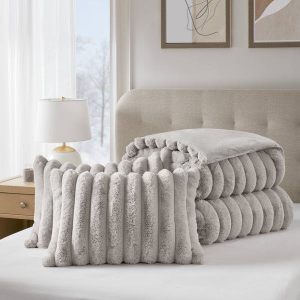 JLA Home Madison Park - Ultrasoft Faux Fur Ribbed Comforter Set with Plush Crystal Velvet Backing for Cozy, Modern Bedrooms Light Gray MP10-8771