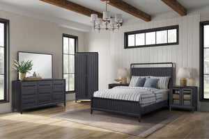 English Elm King Open Panel Bed in Peppercorn Black Finish with Elm Veneer, Channel Headboard & Solid Wood Frame B2699S00045