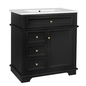 English Elm 30" Freestanding Bathroom Vanity Acacia Wood Matte Black Finish Gold Knobs Ceramic Sink N759P227429B