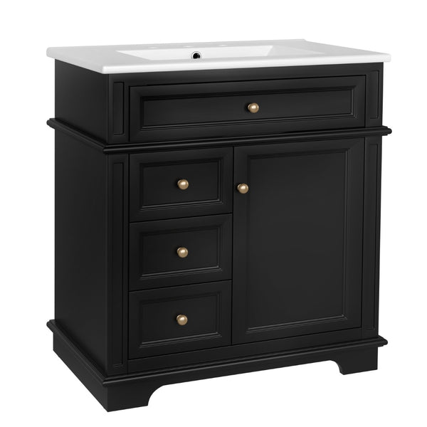 English Elm 30" Freestanding Bathroom Vanity Acacia Wood Matte Black Finish Gold Knobs Ceramic Sink N759P227429B