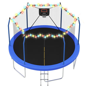 English Elm 14ft Backyard Trampoline with Led Lights Basketball Hoop and Galvanized Safety Frame N739P308480C