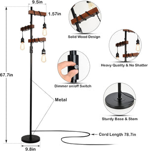 English Elm Dimmable Industrial Floor Lamp 68" 3-Head Wood & Metal Tree Lamp with Rotary Dimmer, Rustic Vintage Accent W2738P227440