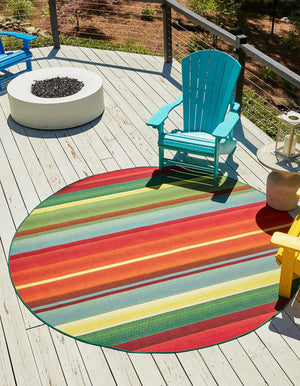 Unique Loom Outdoor Modern Jaco Machine Made Striped Rug Multi, Light Blue/Orange/Red/Yellow/Green/Olive/Brown 7' 10" x 7' 10"