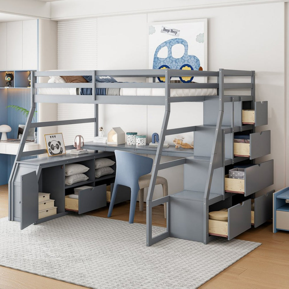 English Elm Full Size Kids Loft Bed with Integrated Desk Seven Drawers and Open Shelving Gray LT000649AAE