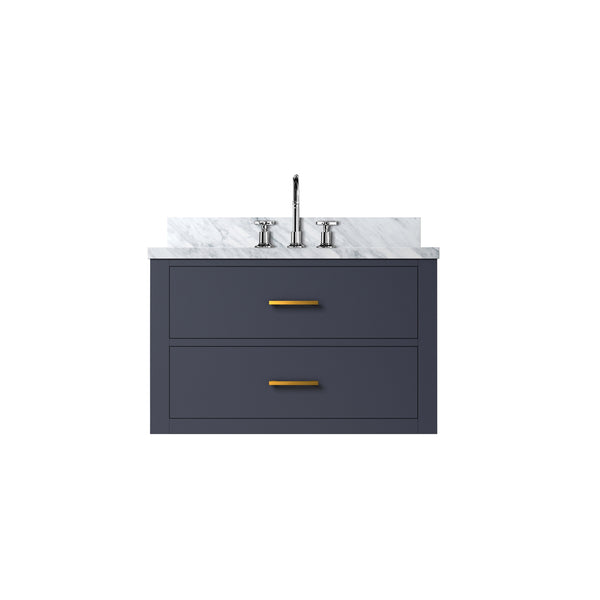English Elm Blue Single Sink Vanity Set With Carrara Marble Top & Chrome Faucet - Elegant Bathroom Upgrade! B2731P257930
