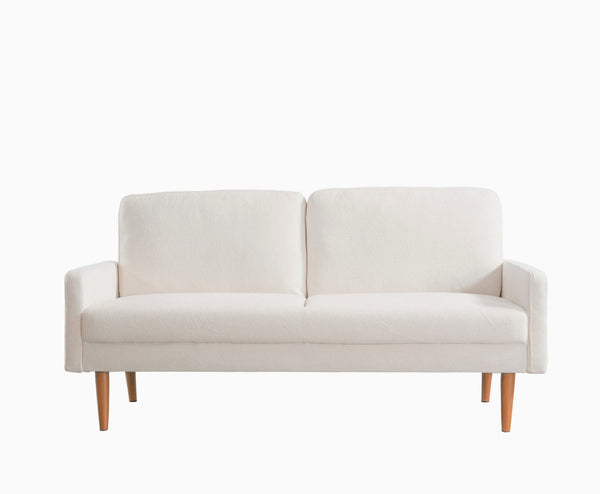 English Elm Velvet Upholstered Three Seat Sofa with Tapered Rubberwood Legs Mid Century European Style Ivory B2735P291969