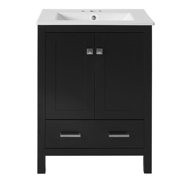 English Elm 24-inch Modern Bathroom Vanity with Ceramic Sink, Soft-Close Doors, Drawer Divider & Ample Storage Black N729P299440B