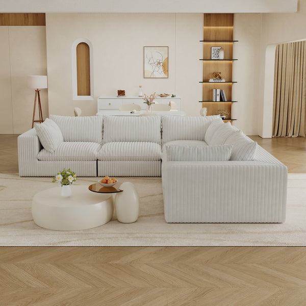 English Elm 118.2" Modular Cloud Sofa Corduroy Upholstered Deep Seat Lounge for Living Room White W2824S00198