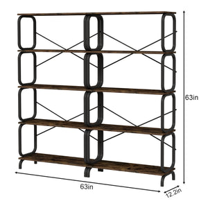 English Elm 5-Tier Industrial Bookshelf Rustic Brown Metal Frame Open Shelves 450lb Capacity Anti-Tip Design W2699P223204