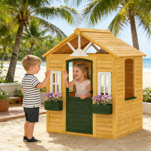 English Elm Creative Fir Wood Kids Outdoor Playhouse Cottage with Flower Boxes and Windows T3971P491797