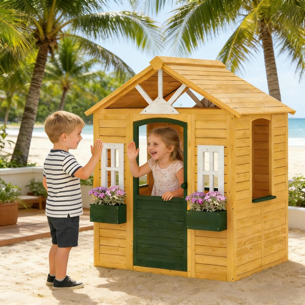 English Elm Creative Fir Wood Kids Outdoor Playhouse Cottage with Flower Boxes and Windows T3971P491797