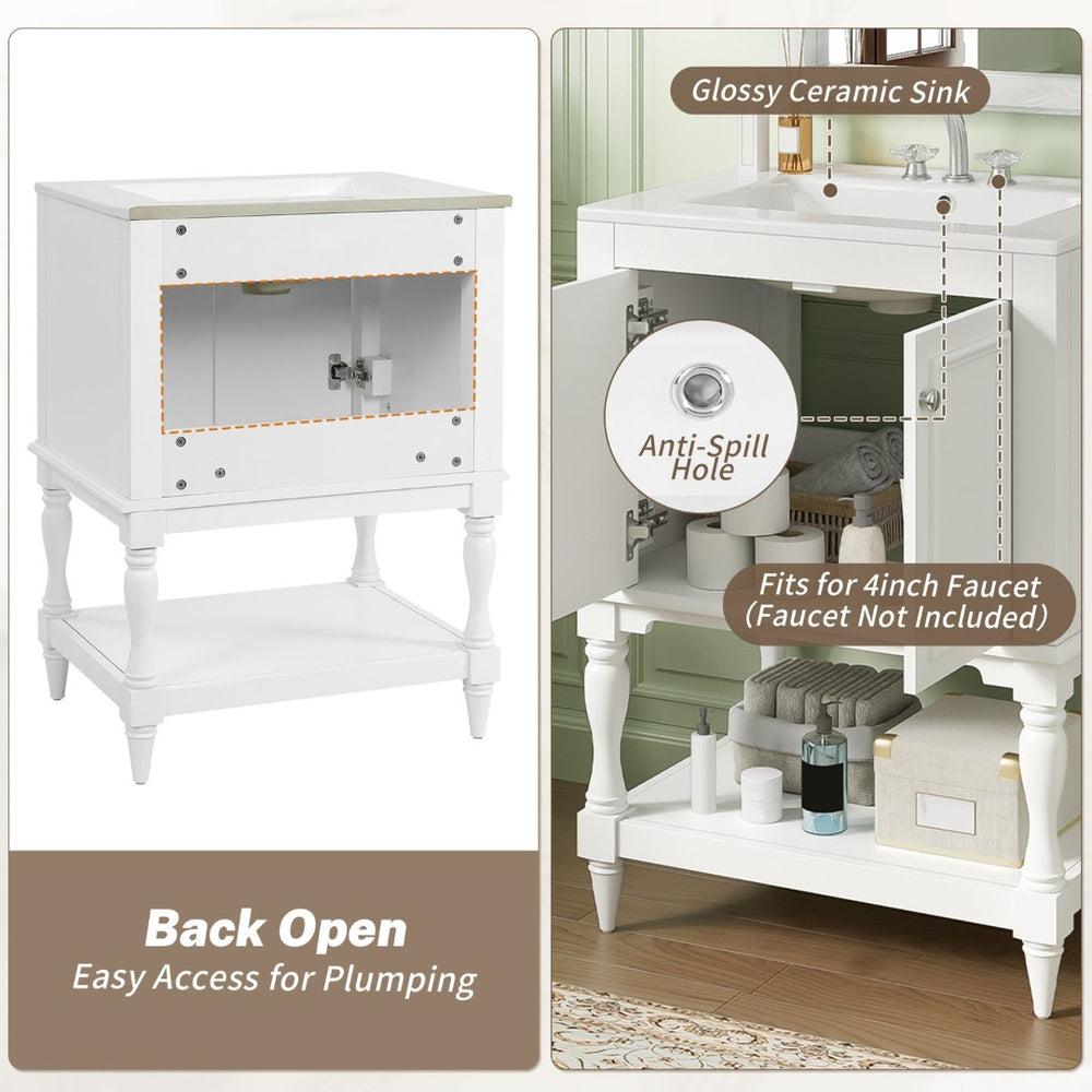 English Elm 24'' French Style Bathroom Vanity with Ceramic Sink Soft Close Cabinet and Drawer White N710P411341K