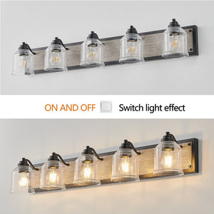 English Elm 40" Farmhouse Vanity Light Fixture, 5-Light Industrial Bathroom Sconce with Clear Seeded Glass Shades, Black Wood Finish, Retro Chic Design W2312P374828