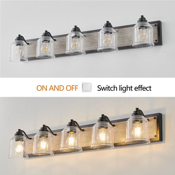 English Elm 40" Farmhouse Vanity Light Fixture, 5-Light Industrial Bathroom Sconce with Clear Seeded Glass Shades, Black Wood Finish, Retro Chic Design W2312P374828