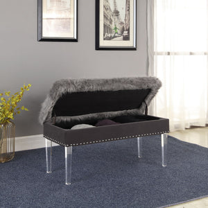 English Elm 20" Plush Gray Horice Mid-Century Tufted Storage Bench with Faux Fur, Acrylic Legs & Nailhead Trim, 45"L B072P222453