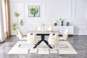 English Elm Modern Extendable Rectangular Dining Table with Scratch‑Resistant MDF Top and Matte Geometric Legs, Space‑Saving Centerpiece for Home or Office W3493S00008