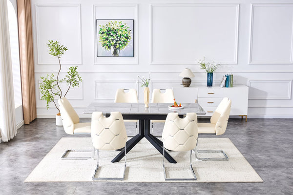 English Elm Modern Extendable Rectangular Dining Table with Scratch‑Resistant MDF Top and Matte Geometric Legs, Space‑Saving Centerpiece for Home or Office W3493S00008