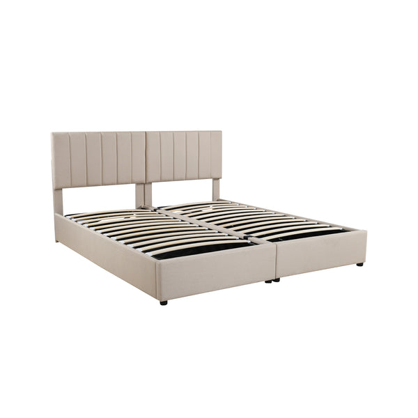 English Elm King Upholstered Hydraulic Storage Bed with Vertical Stripe Headboard, Linen Upholstery, 660lb Capacity Beige SF000285AAA