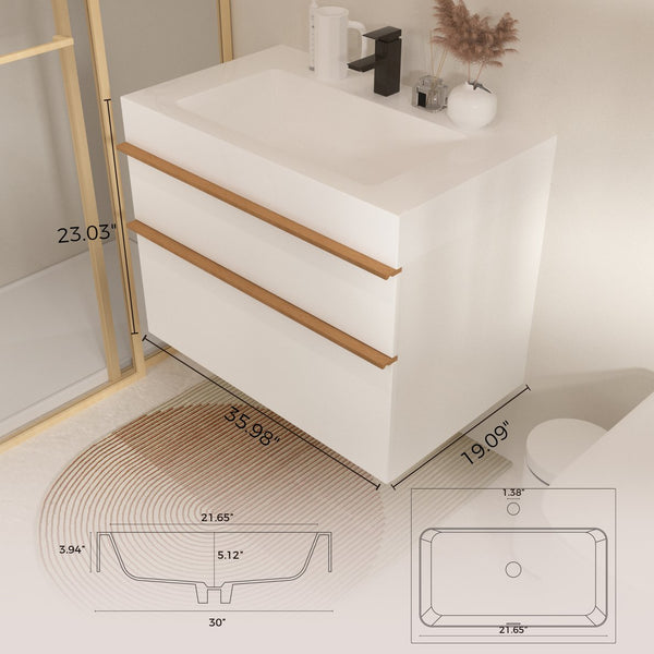 English Elm VELA 36 Inch Wall Mounted Bathroom Vanity with Integrated Acrylic Sink, Dual Wood Handles, Soft-Close Drawers, Matte Finish White W3235P327598