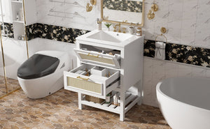 English Elm 24" Rattan Front Bathroom Vanity with Ceramic Sink Deep Drawer Storage Mdf Cabinet White N710P293990K