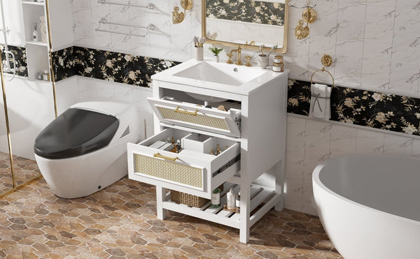 English Elm 24" Rattan Front Bathroom Vanity with Ceramic Sink Deep Drawer Storage Mdf Cabinet White N710P293990K