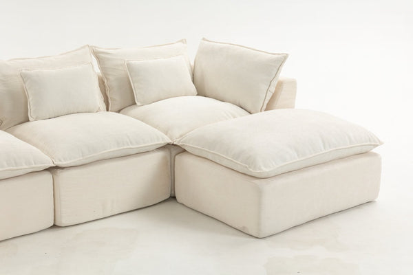 English Elm 129.8" Wide Modular Cloud Sectional Cotton Linen Sofa with Deep Foam Seats and Ottomans Antique White W2530S00016