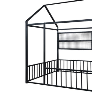 English Elm Full Metal House Bed Frame Full Size with Built-In Fence and 4 Grid Shelves for Durable Storage and Style Black N737P175361B