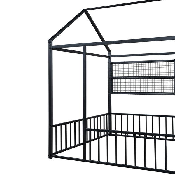 English Elm Full Metal House Bed Frame Full Size with Built-In Fence and 4 Grid Shelves for Durable Storage and Style Black N737P175361B
