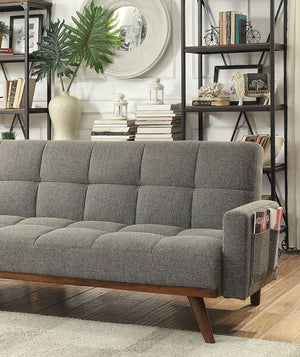 English Elm Futon Mid-Century Gray Linen Sofa Bed with Tufted Back, Angled Wood Legs & Side Pockets, Versatile B2741P298389