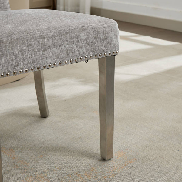 English Elm Mid Mid Century Modern Dining Chair Set with Curved Copper-Nail Backrest, High-Density Foam Seat, Brushed Stainless Legs Gray W1143P314900