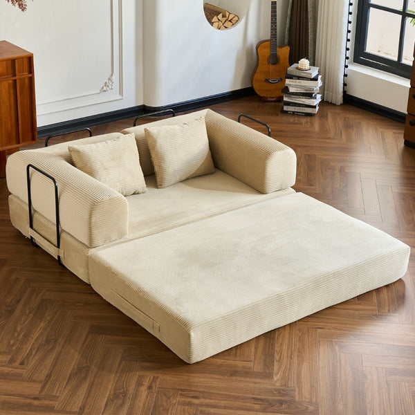 English Elm 59'' Corduroy Convertible Floor Sofa Sleeper with Bolster Pillow for Small Spaces Beige W3434P406618