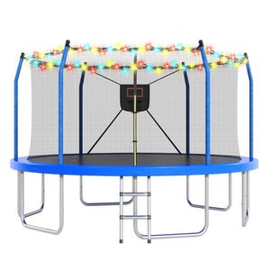 English Elm 14ft Backyard Trampoline with Led Lights Basketball Hoop and Galvanized Safety Frame N739P308480C