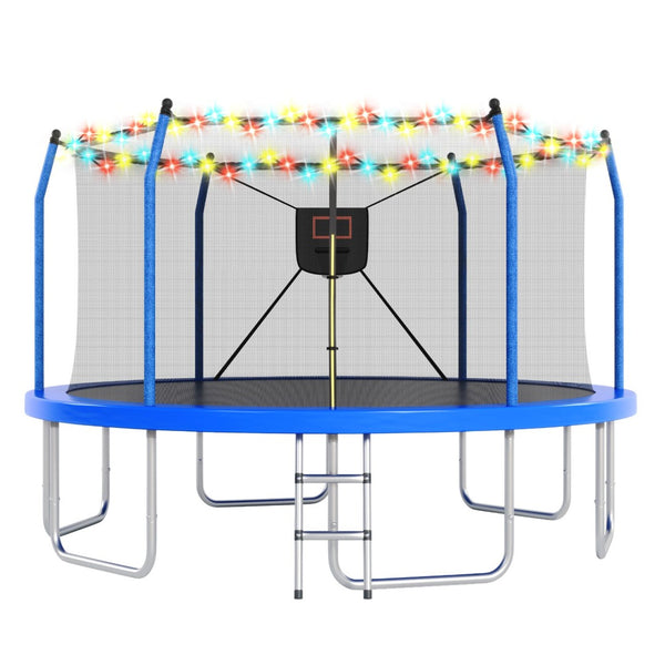 English Elm 14ft Backyard Trampoline with Led Lights Basketball Hoop and Galvanized Safety Frame N739P308480C
