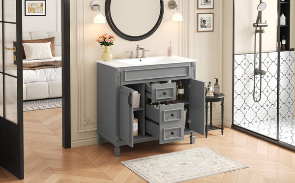 English Elm 36'' Modern Bathroom Vanity With Black Ceramic Top, Soft-Close Doors & Drawers For Stylish Storage N710P230231E