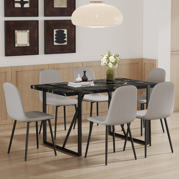 English Elm Table Modern Black Marble Mdf Dining Set With 6 Light Gray Linen Chairs - Stylish & Durable Design W1151S02704-GIGA