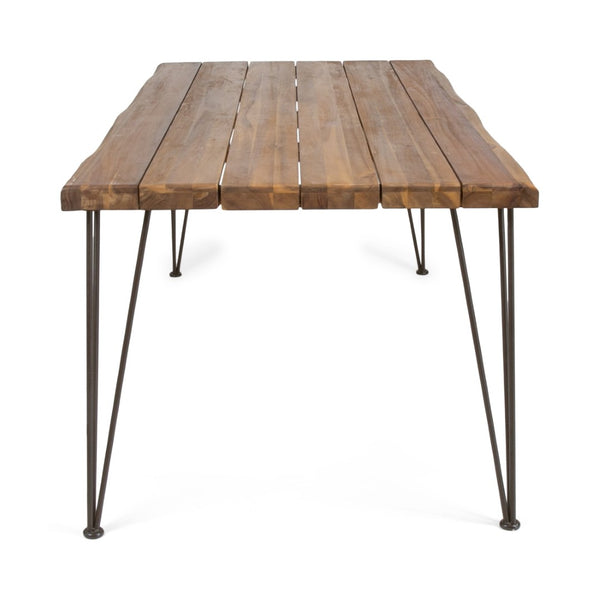 English Elm 7 Piece Acacia Wood Outdoor Dining Set Live Edge Table Six Chairs Teak Finish N762S000044AAC