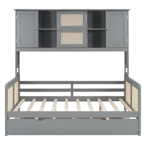 English Elm Full Size Wooden Daybed With Twin Trundle, Storage Cabinet & Shelves For Space-Saving Comfort N820S00049E