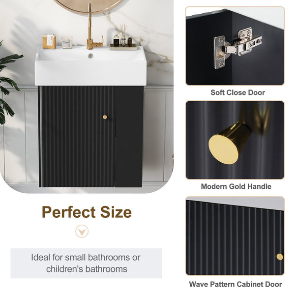 English Elm 21.6 inch Modern Floating Bathroom Vanity with Ceramic Basin, Wave Door, Rose Gold Handle Black N729P170388B
