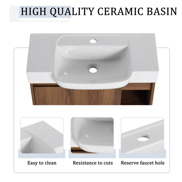 English Elm 28'' 28" Wall-Mounted Bathroom Vanity with White Ceramic Sink, Soft-Close Door, Open Shelves, KD-Pack W999P263409