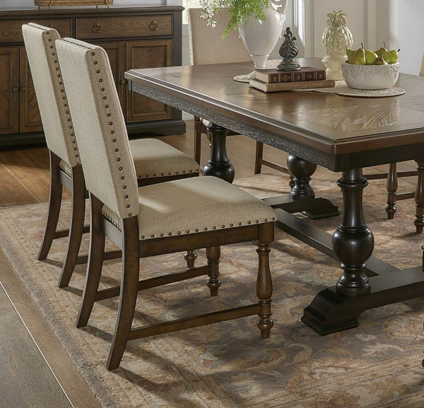 English Elm Traditional Oak Walnut Veneer Extendable Dining Set with Nailhead Upholstered Seating B011S00921