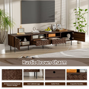 English Elm 78 Inch Walnut Media Console with Slatted Doors Iron Legs and Cable Management N710P373605Q
