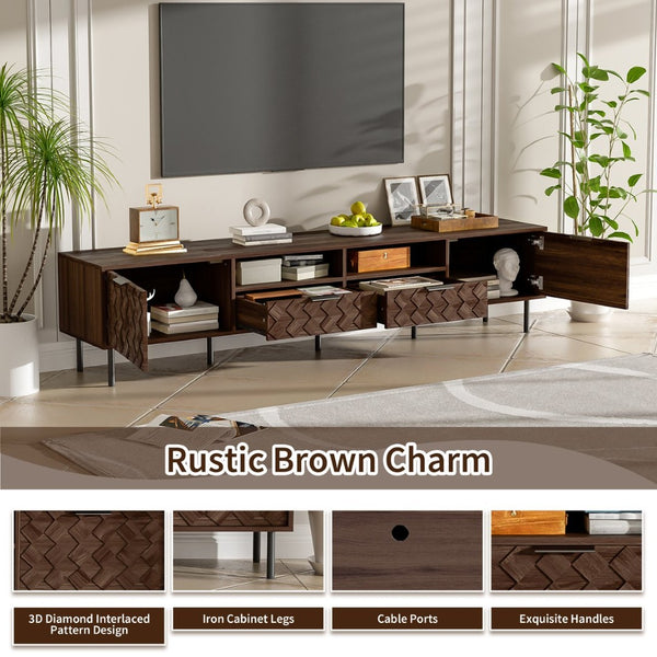 English Elm 78 Inch Walnut Media Console with Slatted Doors Iron Legs and Cable Management N710P373605Q